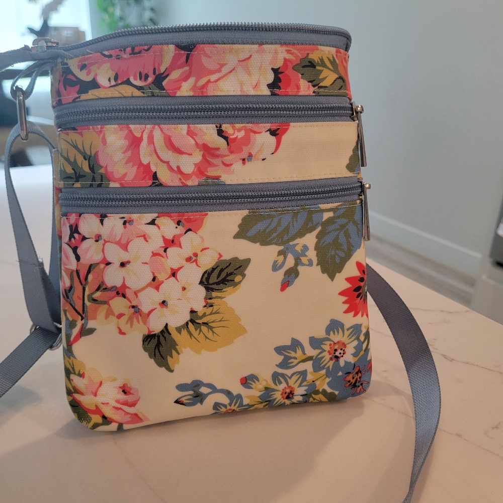 Blue and Cream Floral Crossbody Bag with Structured Design